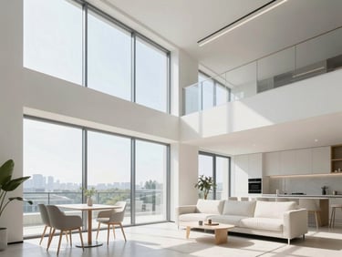 Bright, modern apartment interior with high ceilings, clean minimalist furniture, natural light streaming through floor-to-ceiling windows