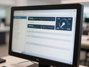 Macro detail shot of a modern dealership service diagnostic screen showing performance metrics and workflow data, clean lighting