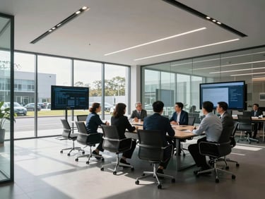 Wide-angle architectural shot of a modern, clean dealership glass conference room, a professional executive team huddling around a table with analytical screens visible, cool overcast daylight casting clean shadows.