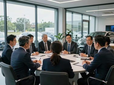 Candid, professional team huddle of automotive executives in a glass-walled conference room overlooking a clean dealership facility, cool daylight.