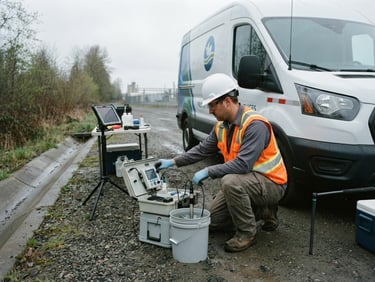 A technician in a high-visibility orange vest and hardhat adjusting a calibrated water sampling instrument next to a marked company fleet vehicle, overcast daylight, sharp focus, 35mm lens