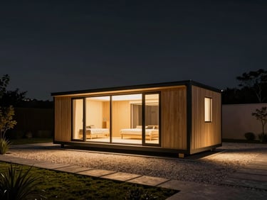 Wide nighttime exterior shot of a modular wellness pod positioned within the grounds of a luxury private villa, warm gold pod lighting contrasting against a deep charcoal sky, minimalist landscaping of gravel and stone, no people, architectural silence