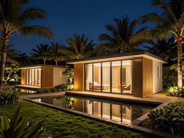 Panoramic architectural night shot of a sleek modular wellness pod nestled within manicured luxury resort grounds, warm gold pod lighting reflecting off a still water feature, lush tropical palms silhouetted against a deep indigo sky, wide environmental framing