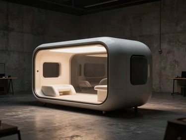 Wide environmental shot of a futuristic modular pod placed within a dark minimal creator studio, dramatic backlighting casting a warm halo around the pod's curved form, exposed concrete walls, no visible occupants, cinematic depth of field