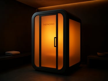 Wide environmental shot, THERMOPRO thermal wellness pod set inside a minimalist luxury hotel wellness suite, warm amber tones emanating from within the pod through frosted glass panels, dark charcoal walls surrounding, cold stone floor, cinematic backlighting, no people