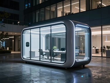 Wide environmental shot, OXYPOD futuristic smart pod positioned within a contemporary corporate office atrium at night, cool blue-white internal light diffusing through curved glass, polished dark concrete floor reflecting the glow, deep shadow at the frame edges, cinematic three-point lighting, no people