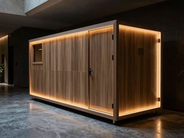Wide environmental shot, OXYPRO luxury modular wellness cabin integrated into a dimly lit resort spa corridor, ambient gold under-lighting illuminating the pod's lower panel edges, cool grey stone floor reflecting light, deep dark background, no people, cinematic three-point lighting