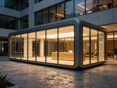 Panoramic architectural view of a sleek modular pod installed within a premium corporate headquarters atrium at night, floor-to-ceiling glazed walls reflecting the pod's gold-warm interior glow, empty polished concrete floor, three-point cinematic lighting