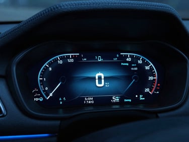 Close-up of a modern car dashboard, digital display showing fuel efficiency metrics, cool blue ambient light, low angle