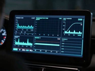 Diagnostic screen displaying real-time engine performance graphs, electric cyan interface, dark background, cool studio lighting, over-the-shoulder view