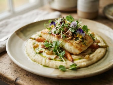 Close-up of a beautifully plated gourmet dish with microgreens, soft natural window light, muted ivory and olive tones, shallow depth of field, 35mm