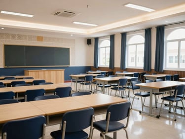 Interior shot of a bright, modern international school classroom in Oman, with natural light and subtle Omani design elements, no children present, sharp focus.