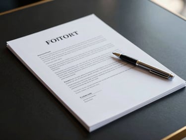 Close-up of a modern, crisp business contract document with a pen, reflecting subtle light, on a dark, polished desk.