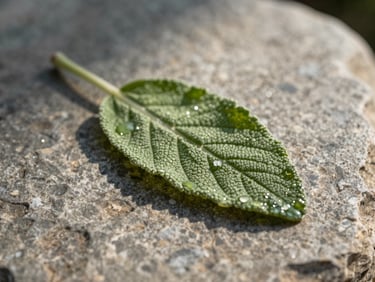 Extreme macro close-up of a single damp sage leaf resting on a textured matte stone, soft morning light with long shadows, showcasing natural purity.