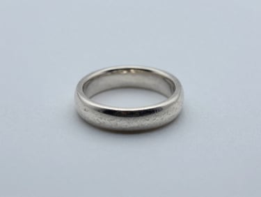 Straight-on studio photograph of a finished silver ring on a flat matte surface, cool overhead studio daylight, shadowless context, extreme detail of the band profile and setting visible, no hands, no people