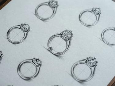 Overhead flat-lay of hand-drawn jewellery technical drawings on drafting paper, multiple iteration sketches of a ring visible, cool even studio daylight, sharp pencil linework and annotation marks clearly legible, no hands, no people