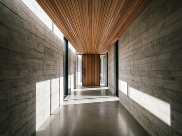 Straight-on one-point perspective of a modern concrete wall meeting a warm timber ceiling, sharp geometric shadows cast by morning sunlight, architectural detail.