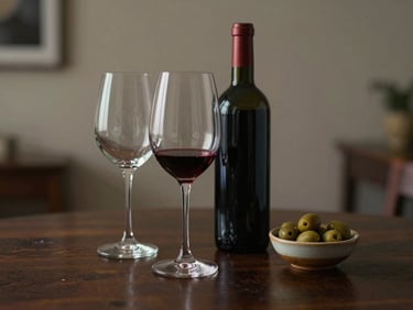 Two empty wine glasses and a half-full bottle of red wine on a dark wood table beside a small ceramic bowl of olives, soft ambient interior light, no people