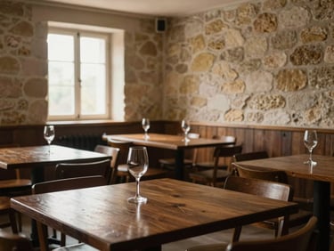Wide environmental shot of a near-empty tasting room interior — dark wood tables, warm diffused natural light through a small window, two empty wine glasses on a table, stone walls, no people, quiet morning atmosphere