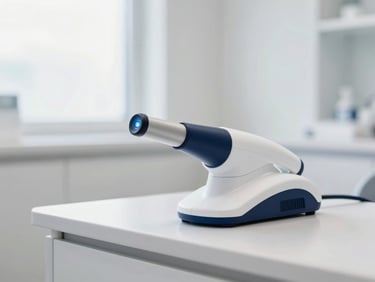 Detail shot of a modern dental scanner glowing softly, clean minimalist clinic counter, soft natural light, shallow depth of field, premium aesthetic