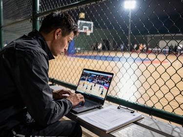 Sideline angle of a scout in a dark jacket hunched over a laptop reviewing game footage, a lit basketball court visible behind him through a chain-link fence, clipboard and printed stat sheets on the bench beside him, harsh stadium floodlight casting sharp shadows, shot from a low three-quarter angle emphasizing concentration and evaluation intensity
