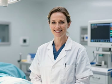 Professional portrait of Dr. Eleanor Vance, a female surgeon in a clean, modern operating room, smiling confidently, bright natural daylight.