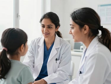 Professional portrait of Dr. Anya Sharma, a female pediatrician interacting gently with a child in a bright, airy examination room, diffused daylight.