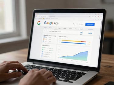 Medium shot of a laptop screen displaying a Google Ads dashboard with cost-per-click metrics and campaign performance charts, soft window light from the left, hands resting near the keyboard