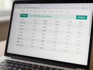 Close-up of a laptop screen showing an SEO rank tracking tool with keyword position changes over six months, soft diffused daylight, no people visible