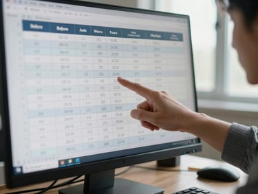 Hands pointing at a conversion rate table on a monitor screen, spreadsheet columns showing before-and-after landing page metrics, window light from the right, desk surface visible