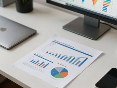 Overhead view of a desk with an analytics report printout, a trackpad, and a monitor showing an e-commerce conversion funnel chart, diffused daylight, clean workspace