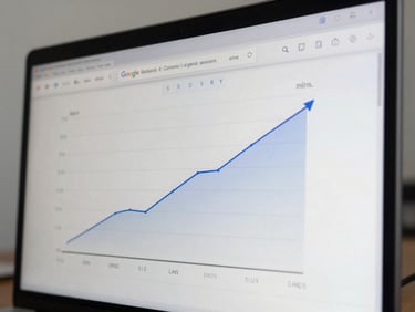 Close-up of a monitor displaying a Google Search Console organic sessions graph trending sharply upward over six months, cursor visible on screen, soft overcast light