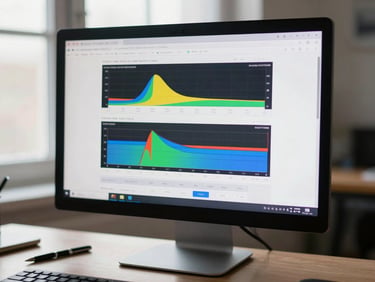 Medium shot of a desktop monitor displaying a website analytics heatmap with scroll depth data visible, sparse desk with a single pen, diffused window light from behind the screen
