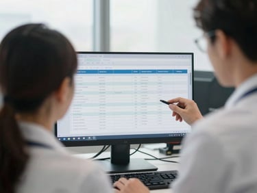 A focused medical administrator in a bright office analyzing clinical billing screens under soft window light, over-the-shoulder shot, shallow depth of field.