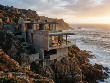 Brutalist coastal residence built into granite cliffs, sharp focus, rich earth tones, overcast daylight.