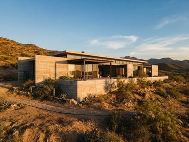 Wide-angle architectural elevation of a minimalist concrete structure set against raw desert soil in Baja California, golden-hour sunlight casting long shadows.