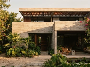 Modern minimalist concrete villa facade in Tulum, golden-hour sunlight casting long clean shadows, 35mm.
