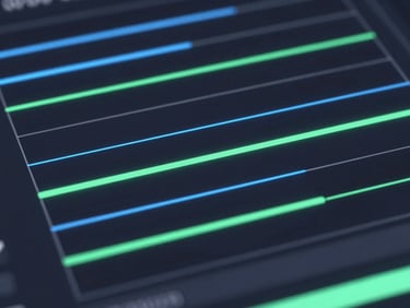 Macro close-up of a sleek dark-mode trading interface showing order blocks, neon electric blue and mint green lines, high-contrast tech aesthetic, 8k