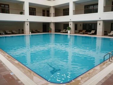 Wide shot of a completed commercial swimming pool at a hotel property, natural daylight, architectural surround visible, still water surface, no people, documentary framing
