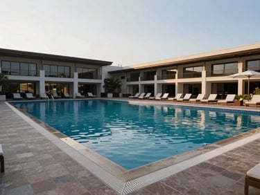 Wide-angle documentary shot of a completed resort swimming pool with surrounding architecture clearly visible — tiled pool deck, lounge area, and building facade in background, natural daylight mid-morning, water surface reflecting sky, no people, clean horizontal framing showing full installation in built context