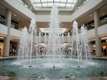 Wide panoramic view of a synchronized musical fountain in a mall atrium, multiple water jets at varying heights mid-performance, skylight illumination from above, architectural columns and retail frontages visible, no people, documentary framing