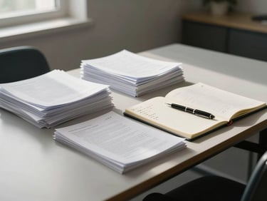 Environmental wide shot of a tidy meeting table from a three-quarter angle, natural light from a side window illuminating stacked organized documents and a notepad with handwritten notes, a pen resting across the pad, muted neutral tones throughout the room