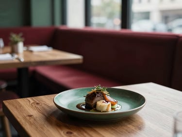 A cozy Scandinavian-style restaurant interior, soft natural light, warm wooden tables, and a single artfully plated dish in the foreground, matte texture.
