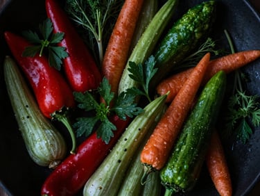 Overhead shot of a vibrant, freshly prepared farm-to-table dish, showcasing colorful seasonal vegetables and herbs, soft natural north-light, deep shadows, matte texture, 35mm lens.
