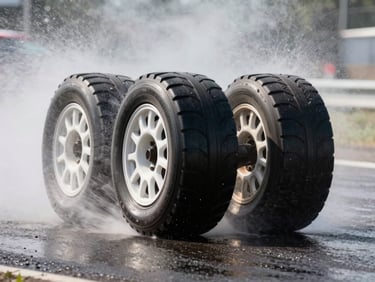 Close-up of rally car tires on wet asphalt, dramatic water spray, high-contrast daylight