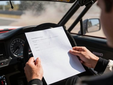 Rally co-driver hands holding pace notes inside cockpit, high-contrast, sharp focus on paper