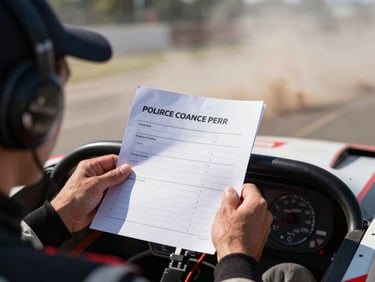 Dynamic close-up of a rally co-driver holding pace notes inside a cockpit, high-contrast natural daylight, sharp focus on the paper, professional motorsport setup.