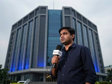 A field journalist holding a branded microphone standing before a modern architectural building in Dhaka, overcast daylight