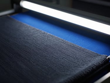 Close-up of high-quality woven textiles being inspected under bright factory lights, shallow depth of field.