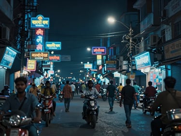 Cinematic broadcast photography of bustling Dhaka streets at night, vibrant neon signs, electric blue tones, 35mm lens